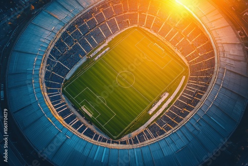 Aerial view of a football stadium. Perfect for showcasing the scale and grandeur of a sporting venue. photo