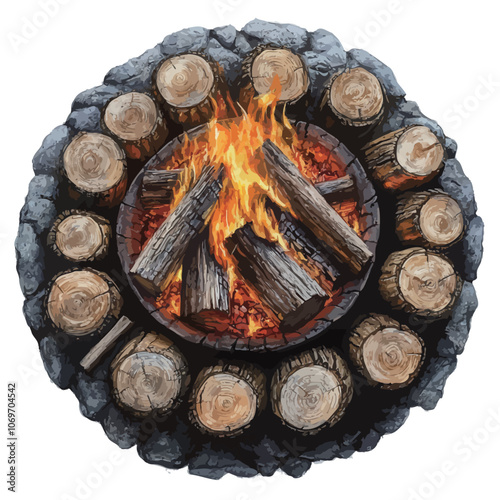Burning firewood in a pot isolated on a white background.