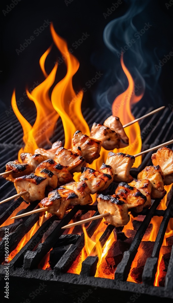 Grilled chicken skewers over open flame on barbecue grill Grilled chicken skewers over open flame on barbecue grill