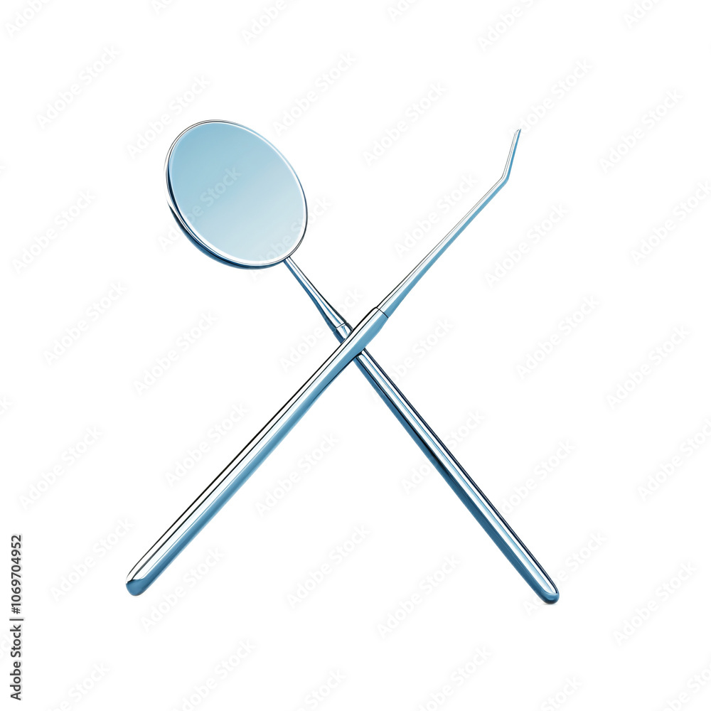 Realistic 3D Render of Crossed Dental Mirror and Probe Isolated on White Background Realistic 3D Render of Crossed Dental Mirror and Probe Isolated on White Background