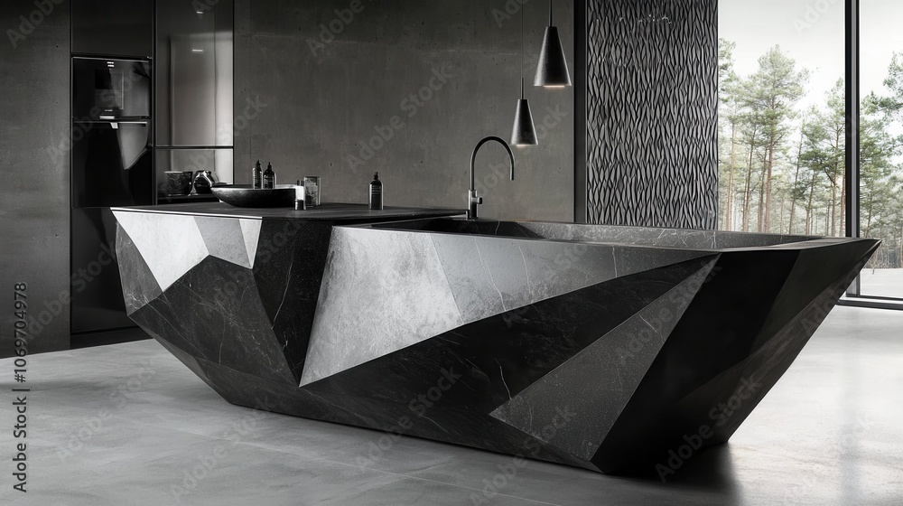 Modern Geometric Black Bathtub in Stylish Bathroom