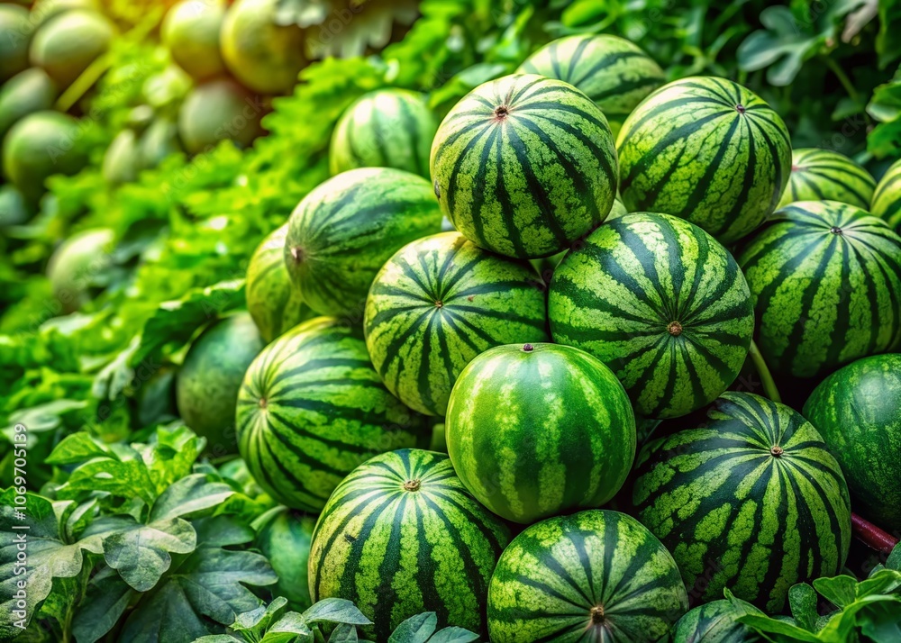 A Vibrant Display of Fresh Green Watermelons Surrounded by Lush Leaves, Perfect for Representing Healthy Summer Produce and Organic Food in Urban Exploration Photography A Vibrant Display of Fresh Green Watermelons Surrounded by Lush Leaves, Perfect for Representing Healthy Summer Produce and Organic Food in Urban Exploration Photography