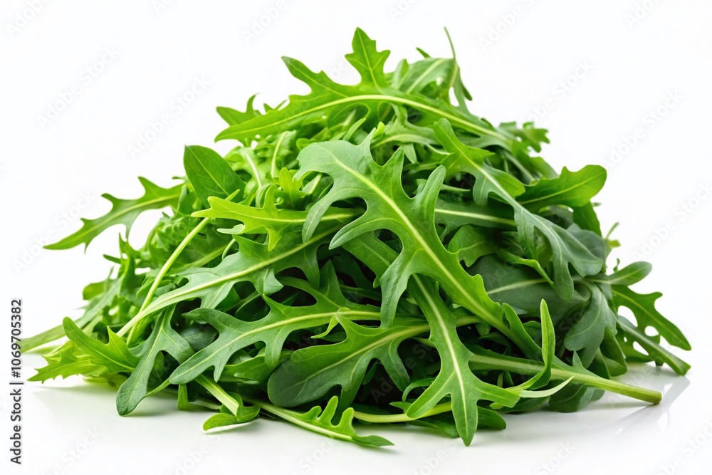 A Vibrant Pile of Fresh Arugula Isolated on a White Background Perfect for Culinary and Health-Themed Stock Photos, Showcasing Freshness and Vitality in Every Leaf A Vibrant Pile of Fresh Arugula Isolated on a White Background Perfect for Culinary and Health-Themed Stock Photos, Showcasing Freshness and Vitality in Every Leaf