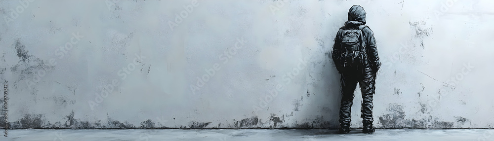 A Solitary Figure Stands Against a Weathered Concrete Wall, Lost in Thought in a Monochromatic World.