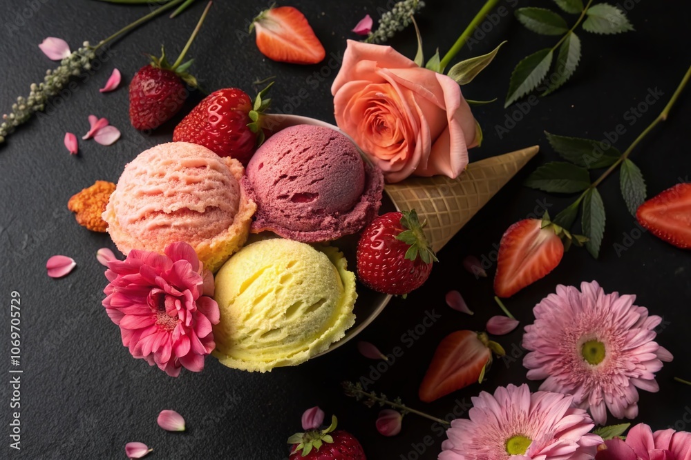A Whimsical Display of Ice Cream Flowers on a Black Background Featuring Lush Strawberry Dessert Elements for a Delightful Conceptual Photography Experience A Whimsical Display of Ice Cream Flowers on a Black Background Featuring Lush Strawberry Dessert Elements for a Delightful Conceptual Photography Experience