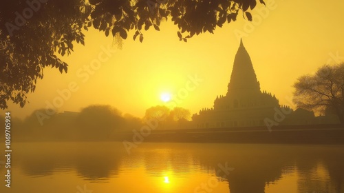A serene sunrise shot of the Mahabodhi Temple in Bodh Gaya, showcasing its stunning architecture and the tranquil atmosphere surrounding this sacred site