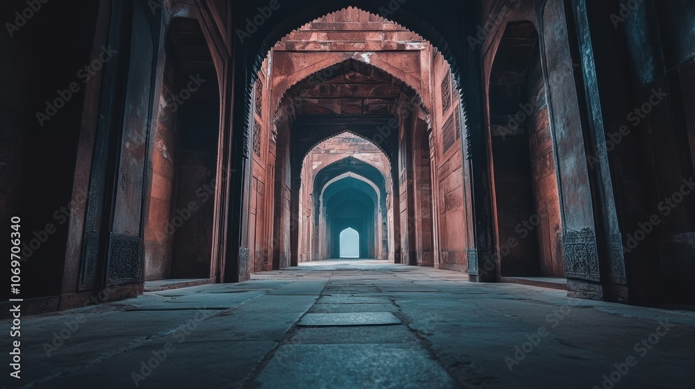 A serene view of the historical ruins of the Fatehpur Sikri, showcasing its impressive Mughal architecture and beautiful red sandstone structures A serene view of the historical ruins of the Fatehpur Sikri, showcasing its impressive Mughal architecture and beautiful red sandstone structures