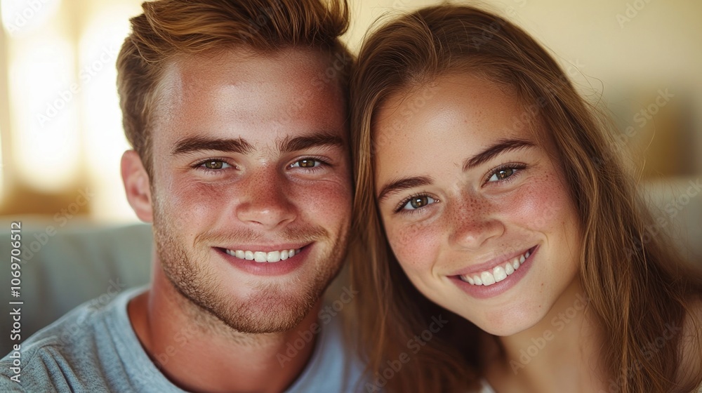 Young Couple Sharing a Joyful Moment Indoors, Smiling Warmly at Each Other in a Cozy Setting During the Afternoon Young Couple Sharing a Joyful Moment Indoors, Smiling Warmly at Each Other in a Cozy Setting During the Afternoon