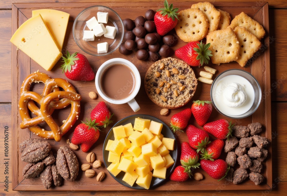 Inviting snack platter featuring a mix of cheeses, fresh strawberries, pretzels, chocolate treats, and a creamy dip, perfect for sharing at gatherings