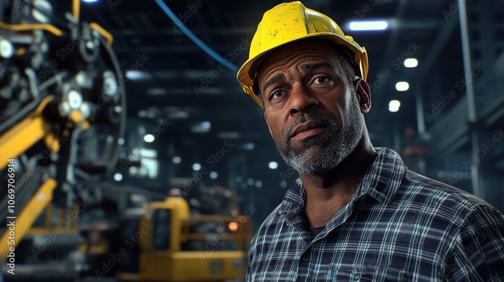 A Construction Worker Wearing a Hard Hat Stands Confidently Inside a Busy Industrial Facility With Machinery in the Background During Daylight Hours A Construction Worker Wearing a Hard Hat Stands Confidently Inside a Busy Industrial Facility With Machinery in the Background During Daylight Hours