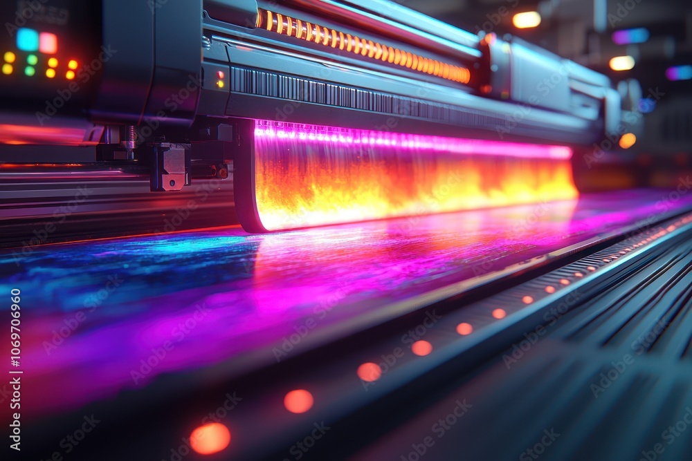 Close-up of an Industrial Printing Machine with Vibrant Lighting Close-up of an Industrial Printing Machine with Vibrant Lighting