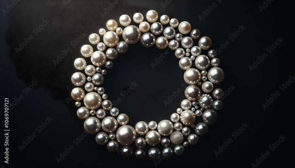 Assorted Pearl Beads Arranged in Circular Pattern on Black Background Assorted Pearl Beads Arranged in Circular Pattern on Black Background