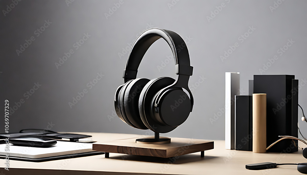 Mock-Up of a Stylish Headphone Stand with Modern Headphones, Placed on a Simple Desk Setup with Minimal Accessories Mock-Up of a Stylish Headphone Stand with Modern Headphones, Placed on a Simple Desk Setup with Minimal Accessories