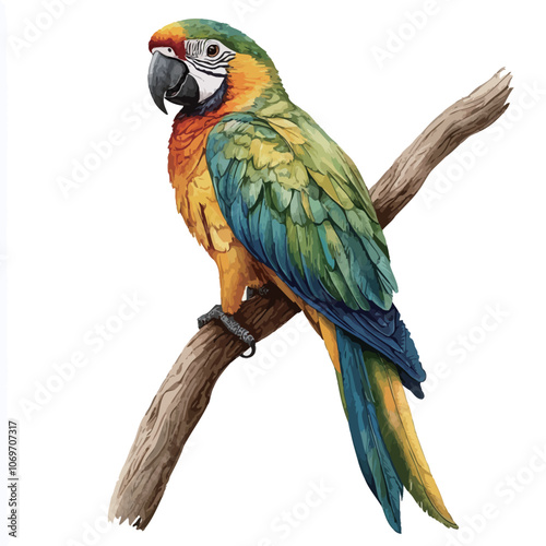 Colorful macaw parrot on a branch isolated on white background 