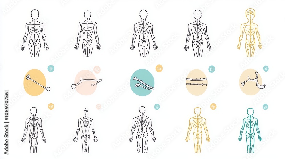 Fototapeta premium 2410_056.minimalist chiropractic icon set, thin line drawings, simple human figures, spine diagrams, pastel color accents, white background, medical illustration style, editable stroke design,