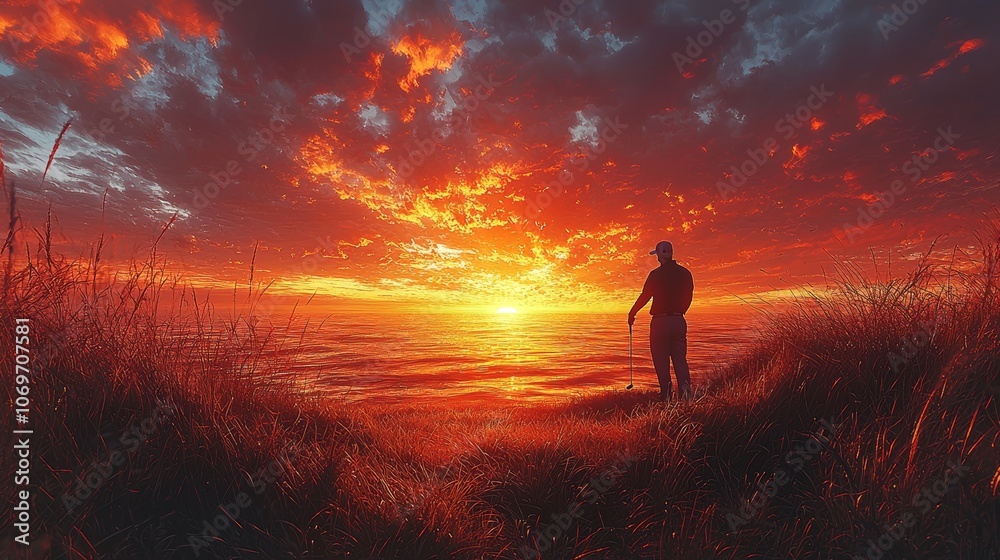 Golfer Teeing Off Against Dramatic Sunset Background Golfer Teeing Off Against Dramatic Sunset Background