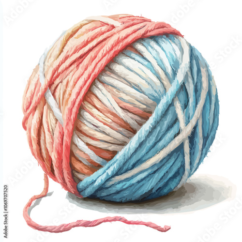 Colorful yarn ball isolated on white background. Watercolor illustration. 