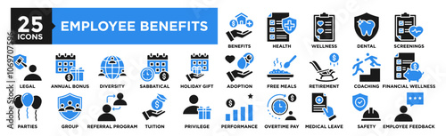 Employee Benefits icon collection set. Containing design employee, business, insurance, health, pay, benefit, bonus	
