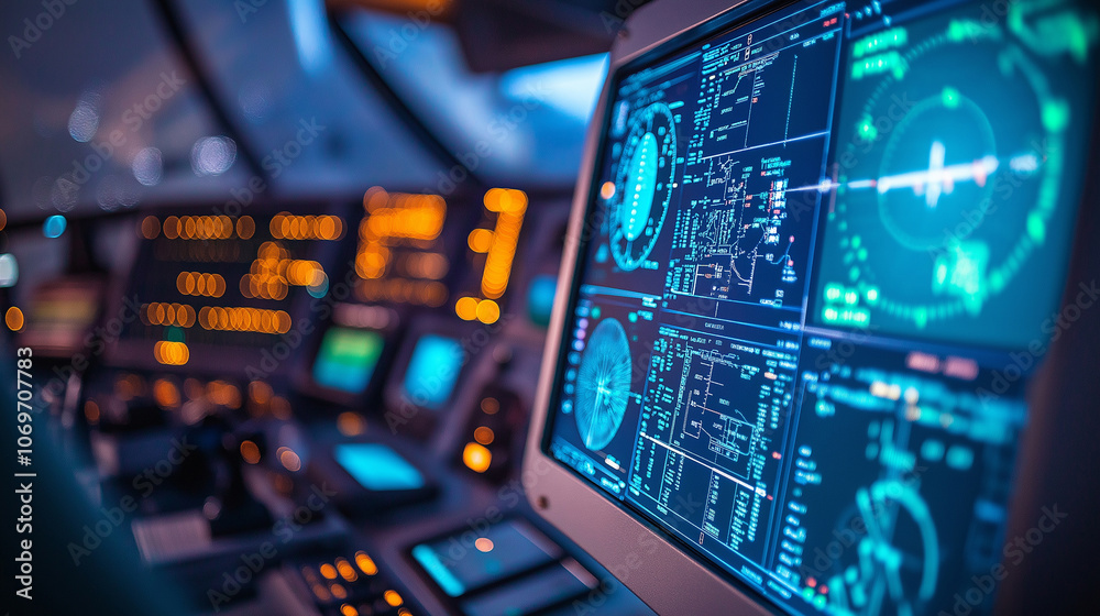 A flight control center with monitors displaying flight data, photographed in high detail to highlight aviation technology A flight control center with monitors displaying flight data, photographed in high detail to highlight aviation technology