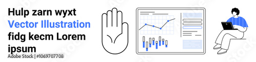 Hand icon, bar and line graphs, person with laptop. Ideal for business analytics, data visualization, remote work, hybrid workspaces, digital transformation, corporate training, tech solutions