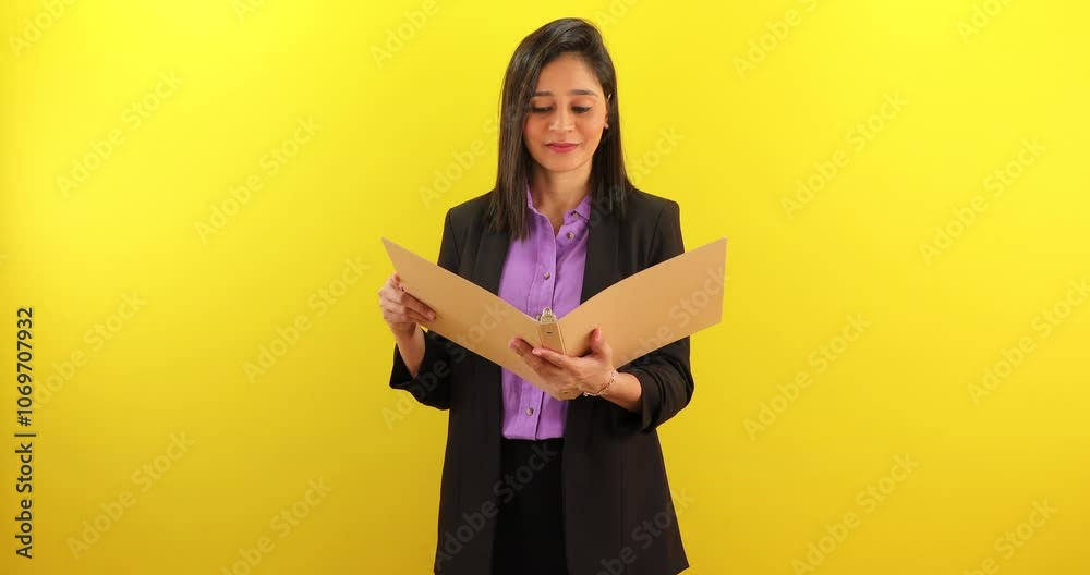 Working young woman holding file, reading documents, checking or confirming information, isolated on yellow background. Working young woman holding file, reading documents, checking or confirming information, isolated on yellow background.