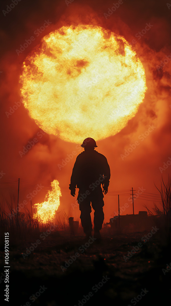 Fototapeta premium Silhouette of a Firefighter Walking Towards a Massive Fireball in the Sky