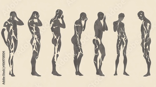 2410_037.set of 10 individuals displaying different types of pain, contemporary vector art, clean lines, muted tones, simplified human figures, visual representation of common ailments, standing