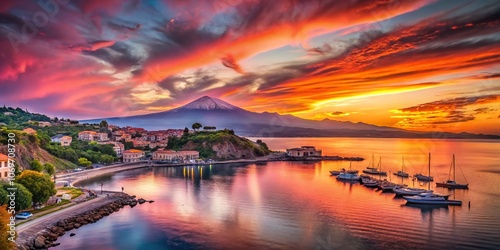 Breathtaking Long Exposure of Spectacular Sunset Over Mt Etna and Bova Marina Coastline in Calabria, Showcasing Vibrant Skies and Serene Waters