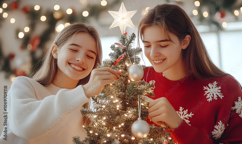 A cozy Christmas party scene with beautifully wrapped gifts, festive lights and traditional decorations.