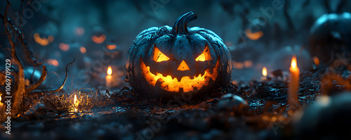 A Glowing Jack-o'-Lantern Sits Among Burning Candles in a Spooky Forest Setting