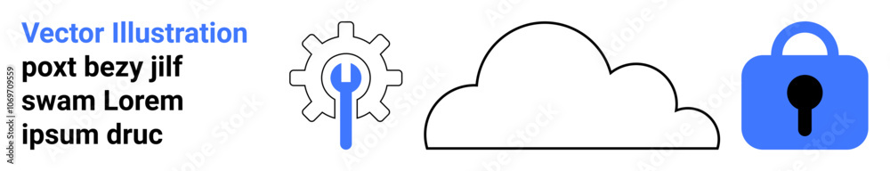 Blue gear with wrench, cloud outline, and a blue padlock represent data security and cloud computing. Ideal for technology, cybersecurity, cloud services, data protection, IT management, internet Blue gear with wrench, cloud outline, and a blue padlock represent data security and cloud computing. Ideal for technology, cybersecurity, cloud services, data protection, IT management, internet