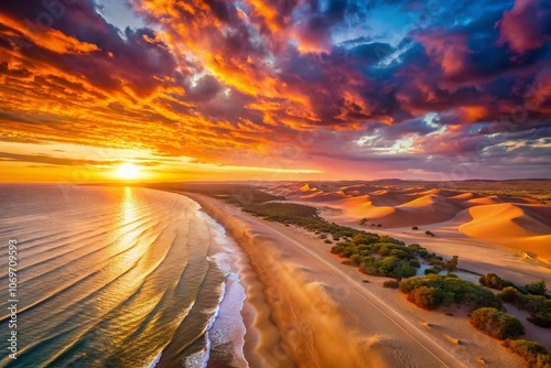 Breathtaking Sunset Over the Desert and Beach Landscape Capturing Dusk's Warm Orange Hues, Ideal for Travel Enthusiasts Seeking Serene Natural Beauty Imagery