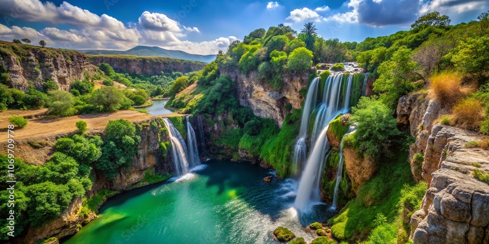 Fototapeta premium Breathtaking View from the Observation Deck Overlooking Zavitan Fall in Yehudia National Natural Park, Showcasing Nature's Majesty in Northern Israel's Scenic Landscape