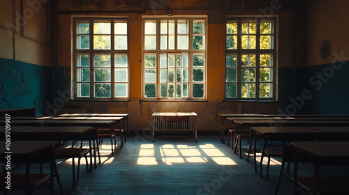 Deserted classroom, one empty desk, quiet, sunlight filtering through windows, 8k, hyper realistic, real life based.