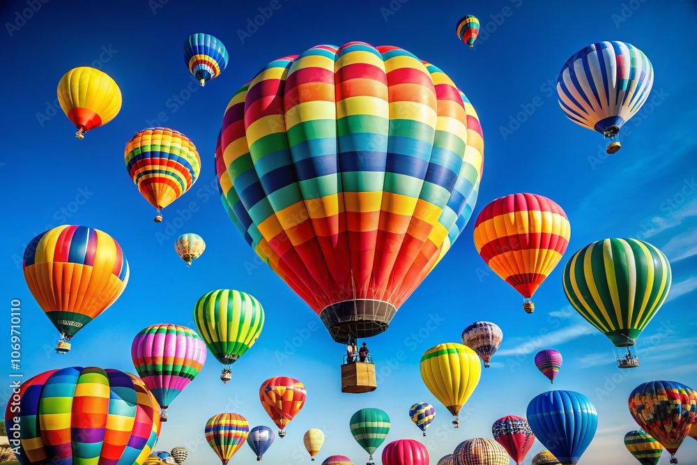 Obraz premium Bright Hot Air Balloons Soaring Against a Clear Blue Sky - A Minimalist Perspective on Ambition and Aspiration for Stock Photography