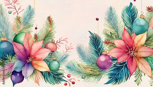 Watercolor painting of a Christmas tree with a blue and pink ornament. The tree is surrounded by green leaves and pink flowers.