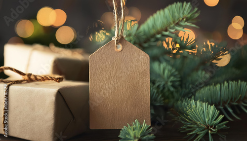 Brown Christmas tag hang on Christmas tree decorate with ornament. Concept of xmas celebration template.
