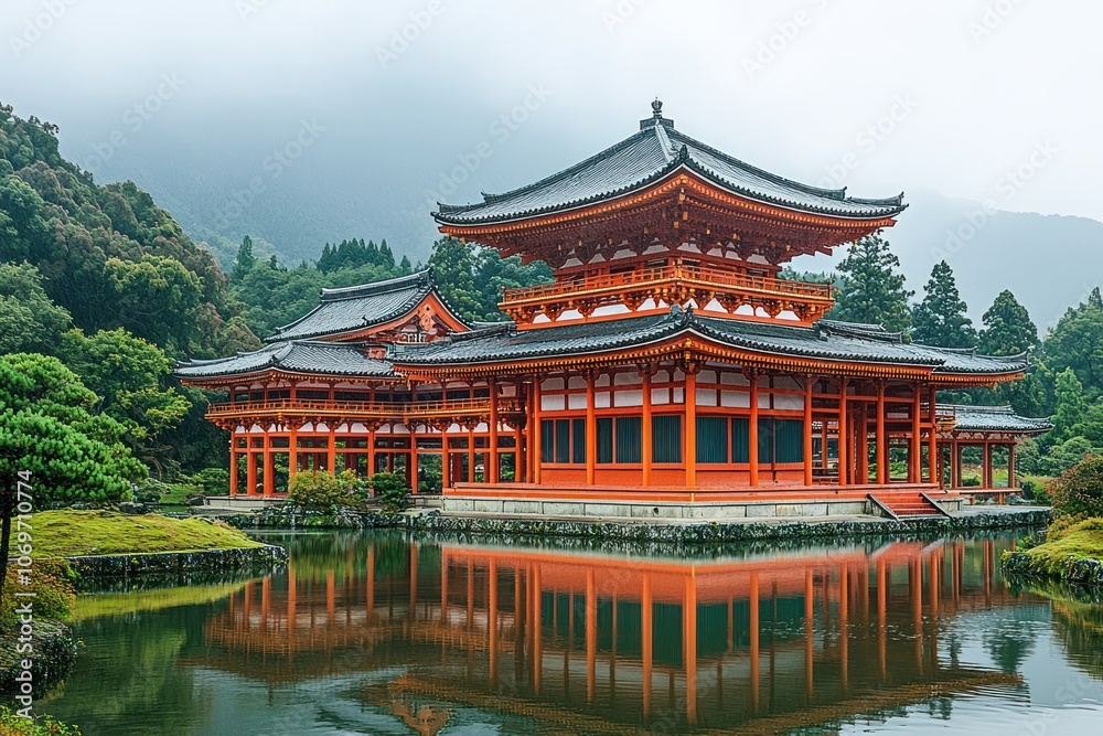 Traditional Japanese Temple Reflected in Still Water Traditional Japanese Temple Reflected in Still Water