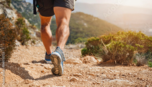 A man is running on a rocky path with a view of the ocean in the background. Concept of adventure and freedom as the man enjoys the outdoors and the beautiful scenery