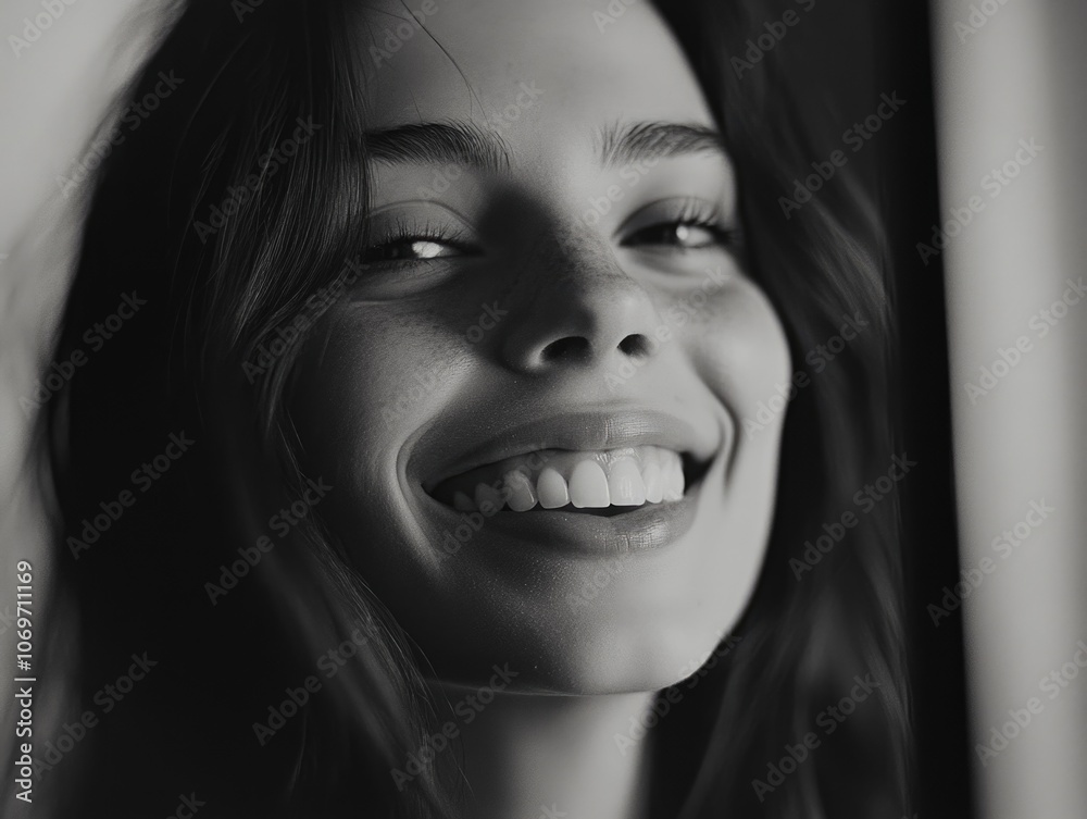 Woman smiling in black and white Woman smiling in black and white