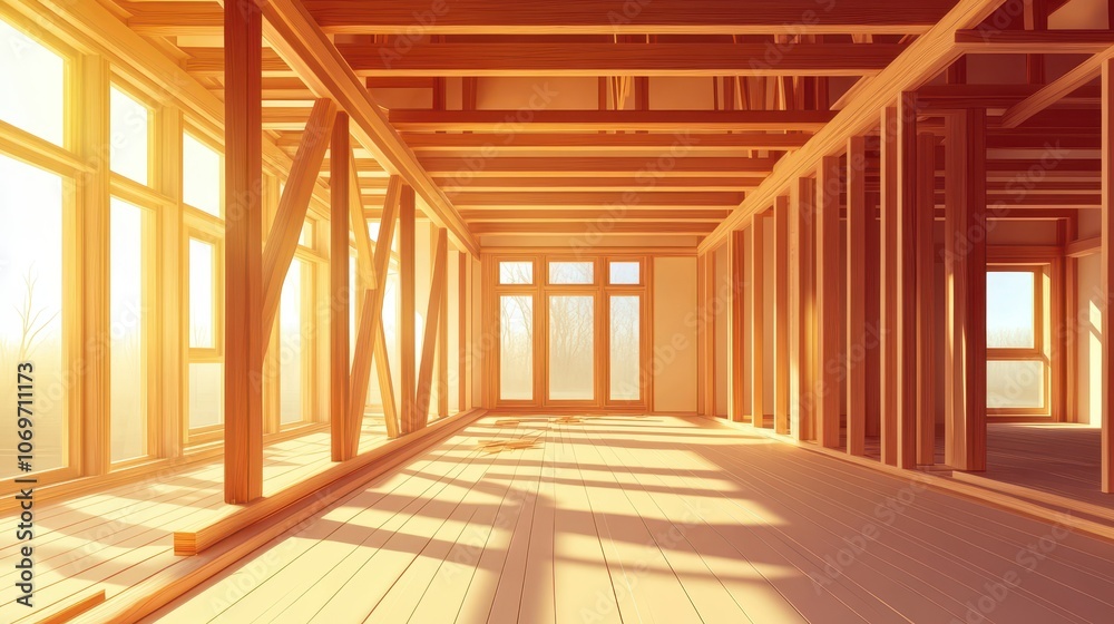 Sunlight streams through the windows of a new home under construction. This image showcases the progress of a new build, highlighting the structure and the potential of the future home. Sunlight streams through the windows of a new home under construction. This image showcases the progress of a new build, highlighting the structure and the potential of the future home.