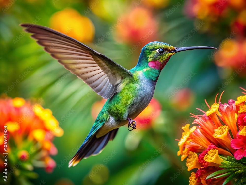 Fototapeta premium Captivating Aerial View of a Hummingbird in Flight Over Vibrant Tropical Flowers, Showcasing the Intricate Details of Nature's Beauty and the Bird's Unique Characteristics