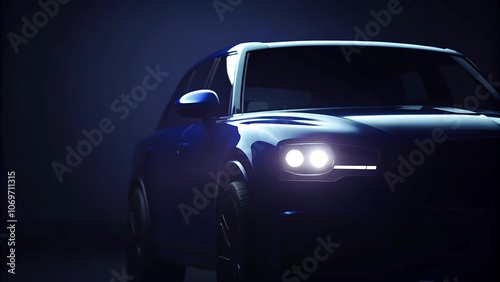 A blue SUV car with its headlights on is illuminated against the dark background.AI GENERATED