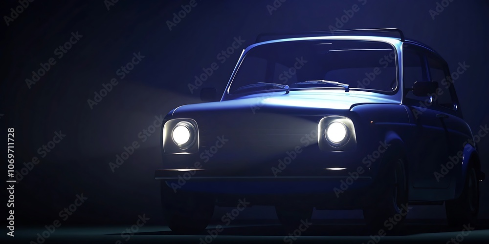 A blue SUV car with its headlights on is illuminated against the dark background.AI GENERATED A blue SUV car with its headlights on is illuminated against the dark background.AI GENERATED