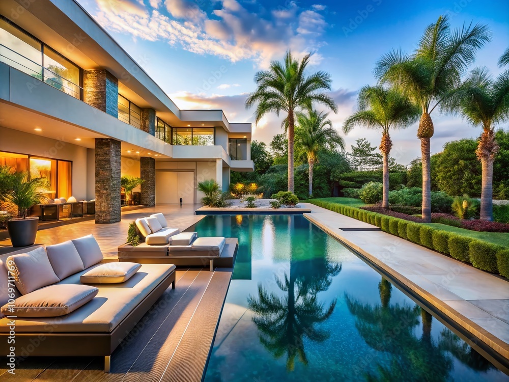 Fototapeta premium Captivating Architectural Photography Showcasing Luxurious Poolside Oasis with Modern Design, Lush Landscaping, and Inviting Water Features Under a Bright Blue Sky