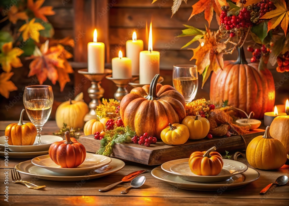 Captivating Autumn Centerpiece for Thanksgiving Dinner with Illuminated Candles Creating a Cozy Ambiance on a Festive Table Setting Captivating Autumn Centerpiece for Thanksgiving Dinner with Illuminated Candles Creating a Cozy Ambiance on a Festive Table Setting