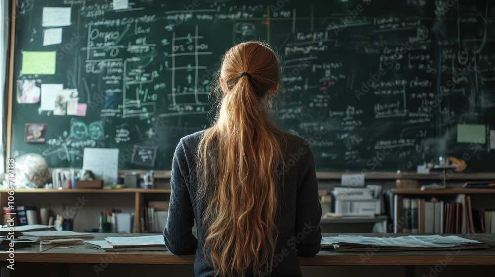 A woman sits at a desk with a blackboard behind her. This photo could be used for a website or blog about education, learning, or back to school. A woman sits at a desk with a blackboard behind her. This photo could be used for a website or blog about education, learning, or back to school.