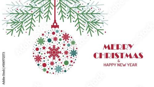 Merry Christmas card vector with colorful  baubles and fir branches on a white background, for creating personalized holiday cards or as a design element.