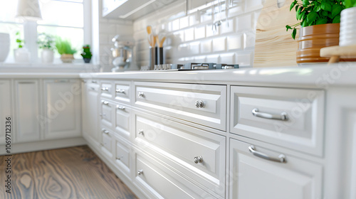 Detailed shot of sleek cabinetry drawers in a recently remodelled contemporary kitchen with a fresh white color scheme