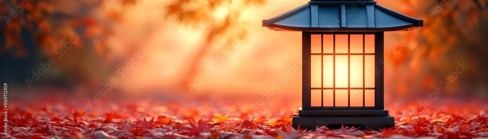 Serene lantern illuminated in autumn foliage with warm light ambiance. Serene lantern illuminated in autumn foliage with warm light ambiance.